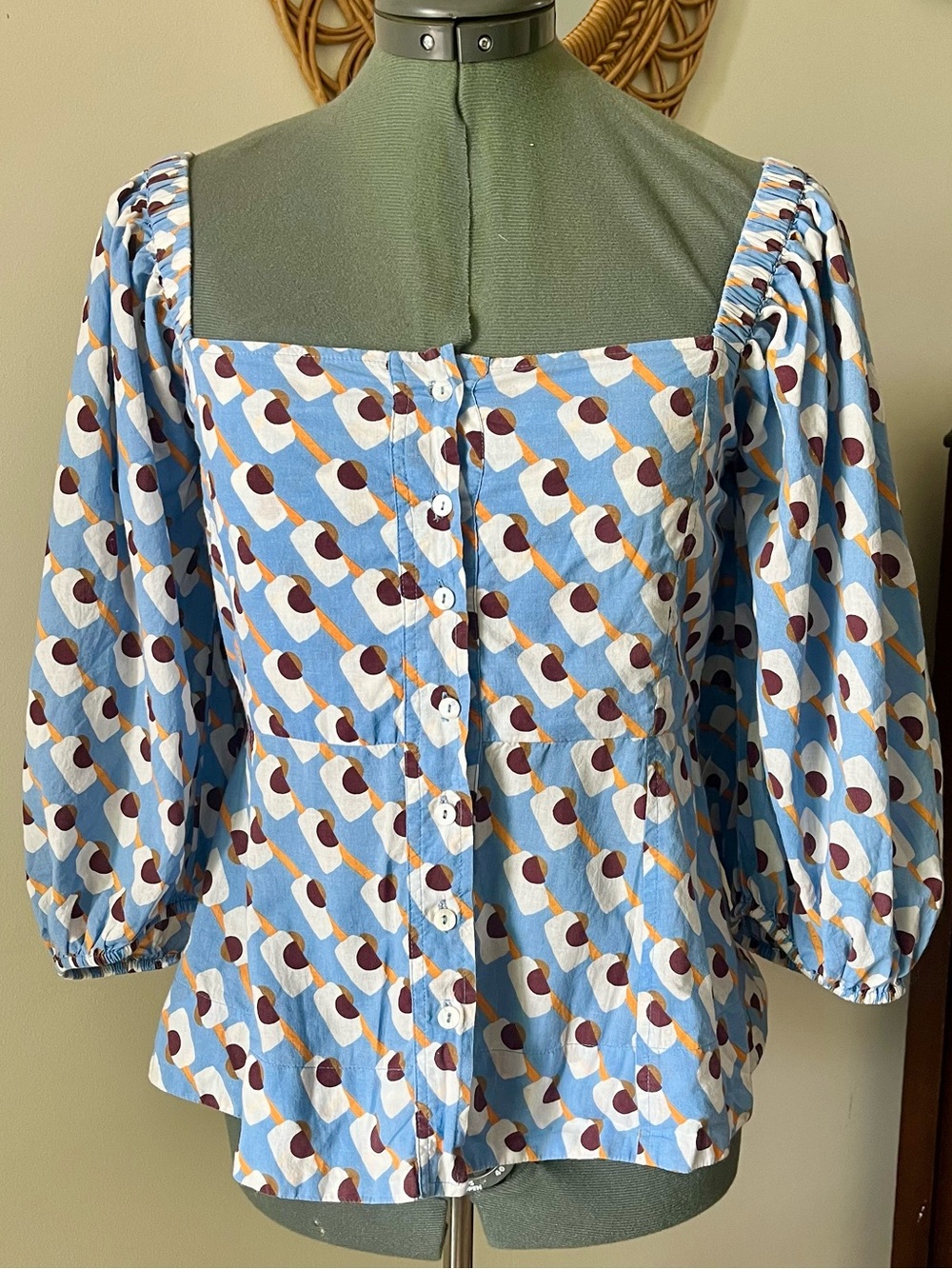 Ro’s Garden Cotton Puff Sleeve Square Neck Button Front Blouse Blue Size S